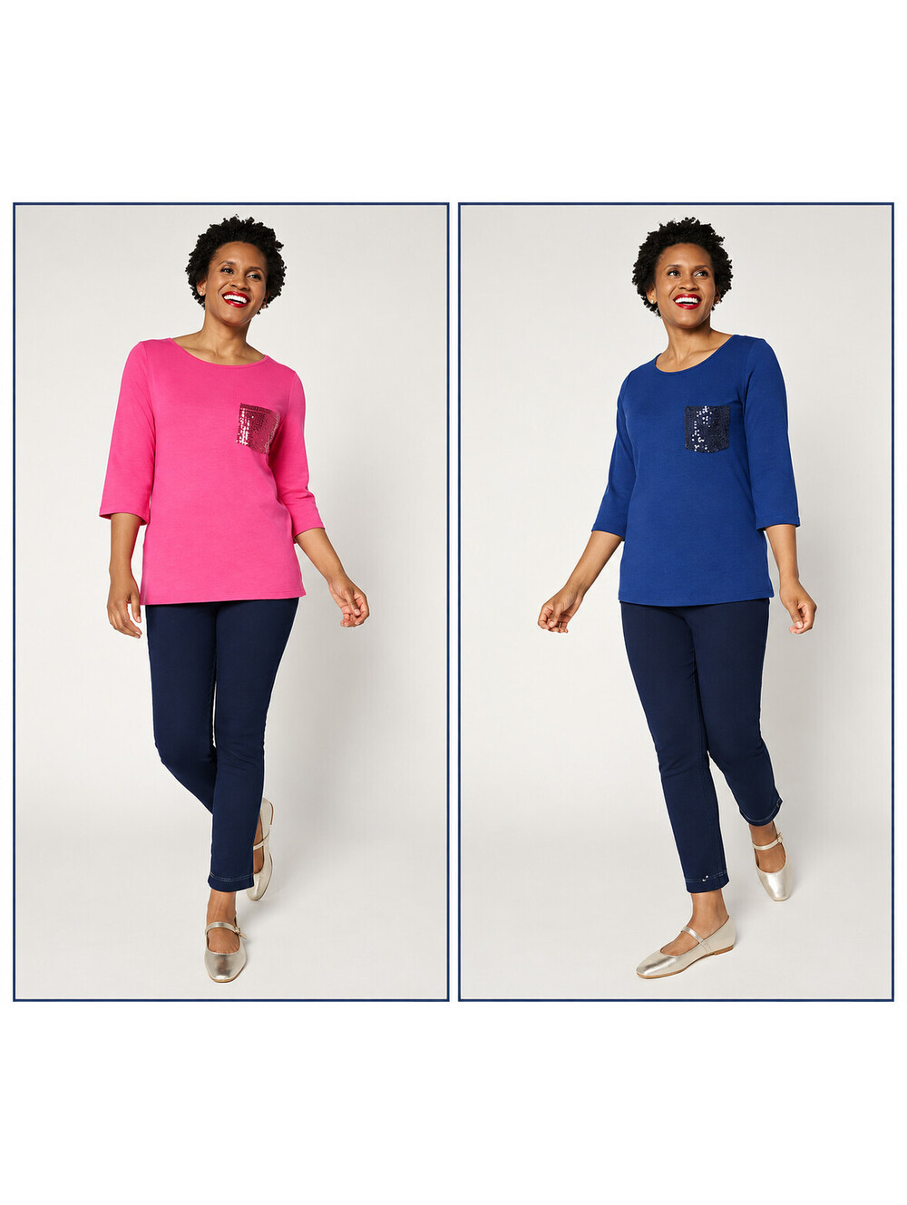 Quacker Factory Set of 2 Sequin Pocket 3/4 Sleeve Top UltraPk/LtNavy, Large
